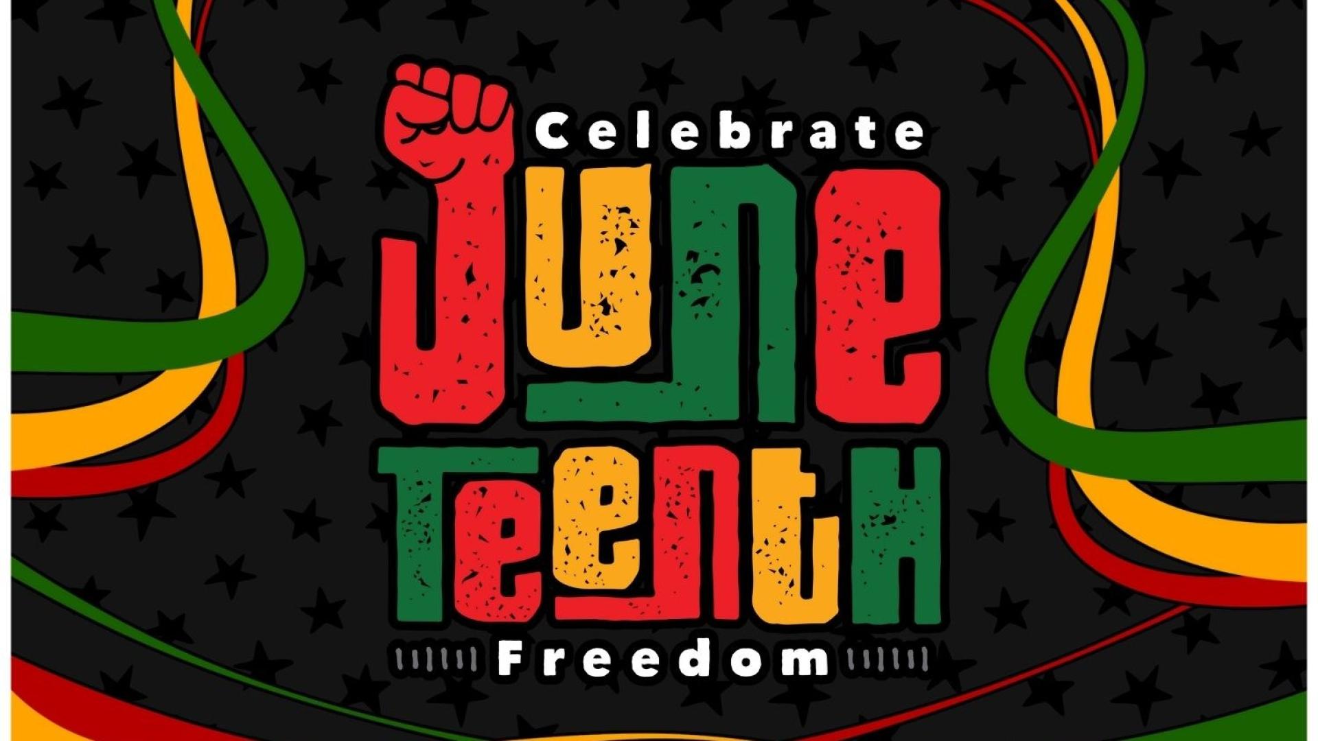 Multicolored ribbons and Juneteenth text on black background