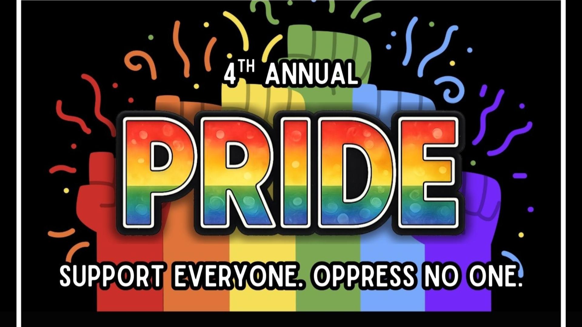 Multicolored graphic and text on black background for Thornton Pride event