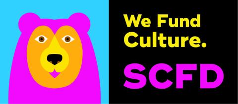 Pink bear on blue background with We fund culture SCFD text.